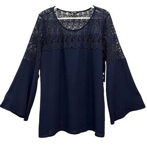 Roz & Ali 1X Navy Lace Bell Sleeve Blouse Sheer Chiffon Plus Size Dressy Top